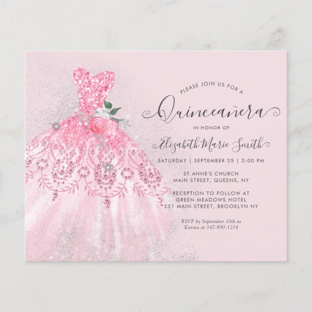 Budget Blush Pink Floral Silver Gown Quinceanera (Front)