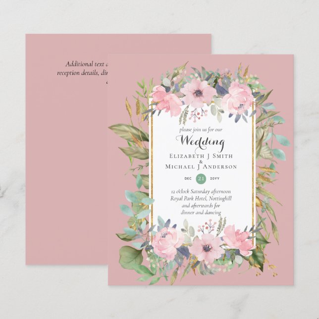 BUDGET Blush Pink Floral Wedding Invitations (Front/Back)