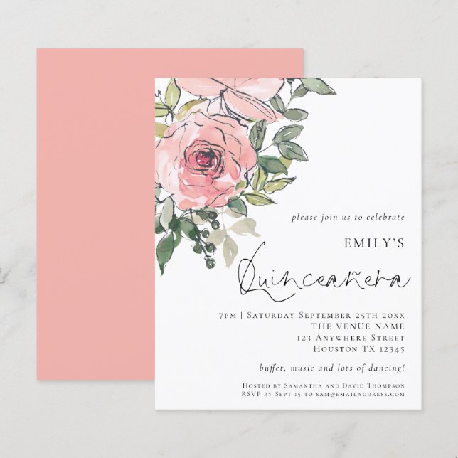 Budget Blush Pink Florals Quinceañera Invite (Front/Back)