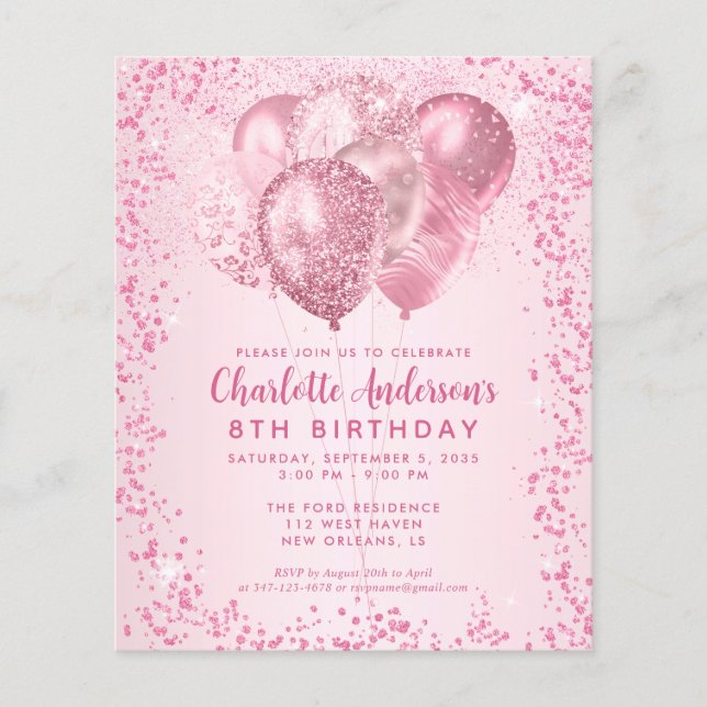 Budget Blush Pink Glitter Balloon Kids Birthday (Front)