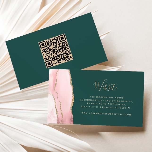 Budget Blush Pink Gold Agate Green Wedding QR Code Enclosure Card (Creator Uploaded)