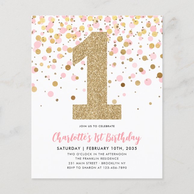 Budget Blush Pink Gold Confetti Girl 1st Birthday (Front)