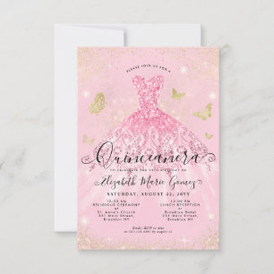 Budget Blush Pink Gold Glitter Gown Quinceanera Card