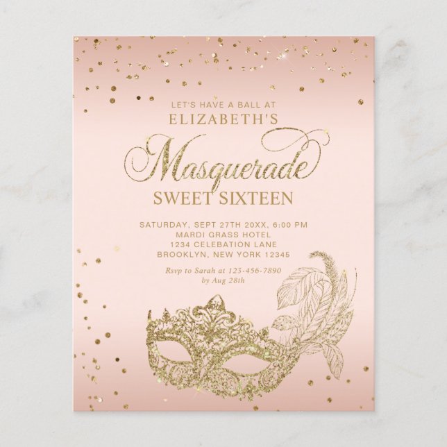 BUDGET Blush Pink Gold Glitter Masquerade Sweet 16 (Front)