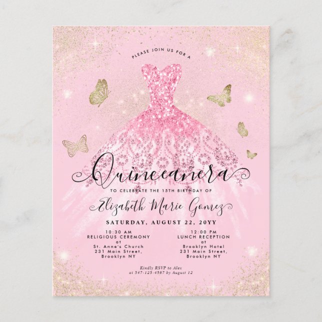 Budget Blush Pink Gold Gown Quinceanera Invite (Front)