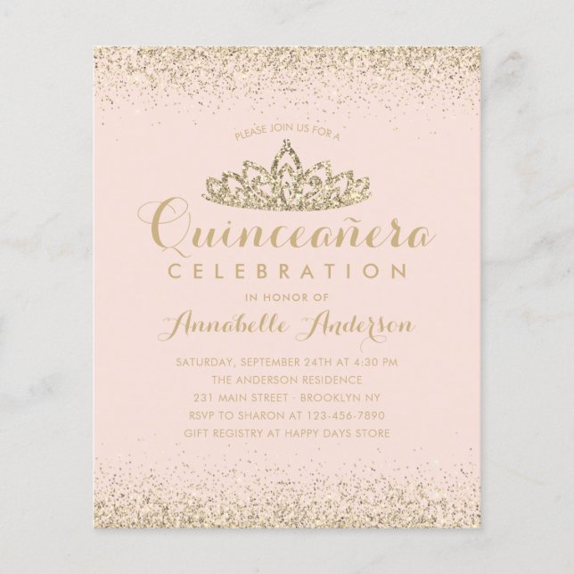 Budget Blush Pink Gold Quinceañera Tiara Invite (Front)