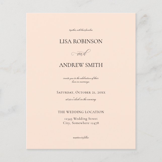 Budget Blush Pink Peach Calligraphy Wedding Flyer (Front)