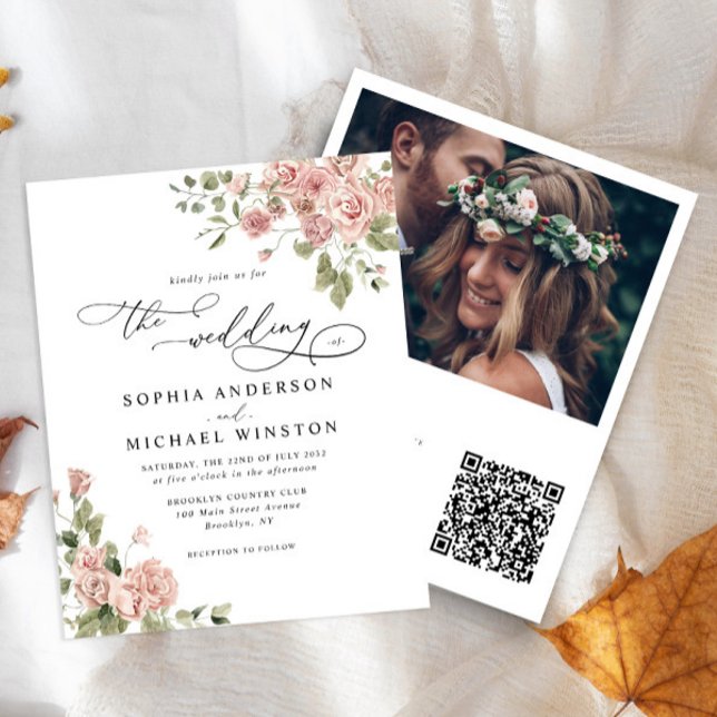 Budget Blush Pink Rose Floral Photo Wedding Invite (Creator Uploaded)