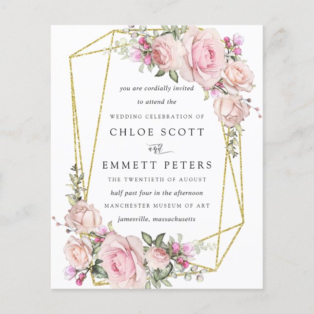 Budget Blush Pink Rose Floral Wedding Invitation (Front)