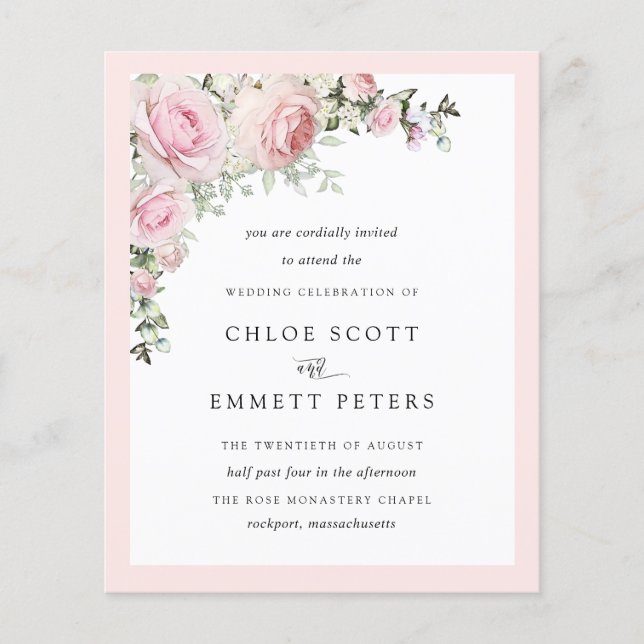 Budget Blush Pink Rose Floral Wedding Invitation (Front)