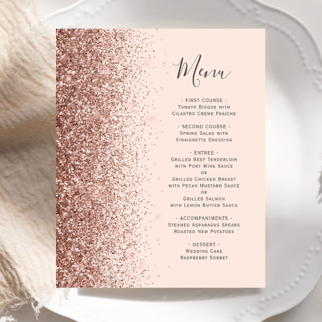 Budget Blush Rose Gold Glitter Wedding Menu (Creator Uploaded)