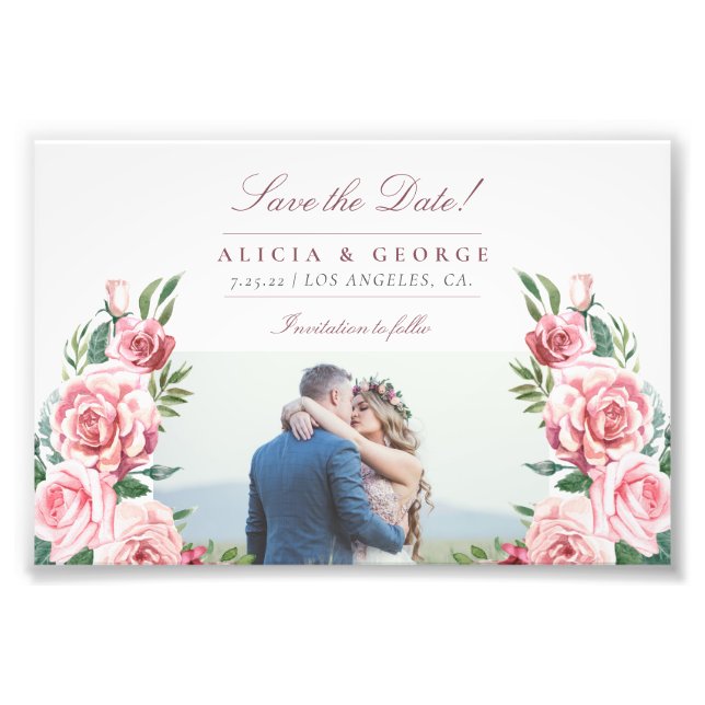 Budget blush roses photo wedding save the date print (Front)