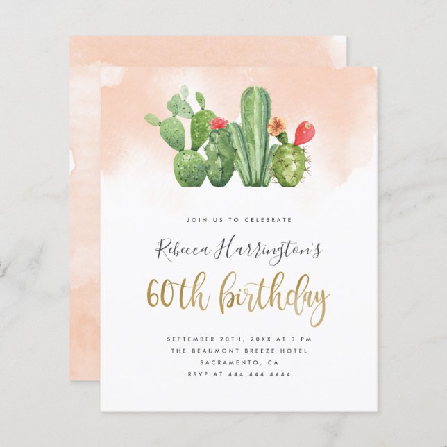 Budget Blush Watercolor & Cactus 60th Birthday (Front/Back)