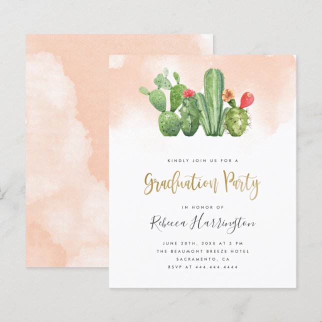 Budget Blush Watercolor & Cactus Graduation Party (Front/Back)