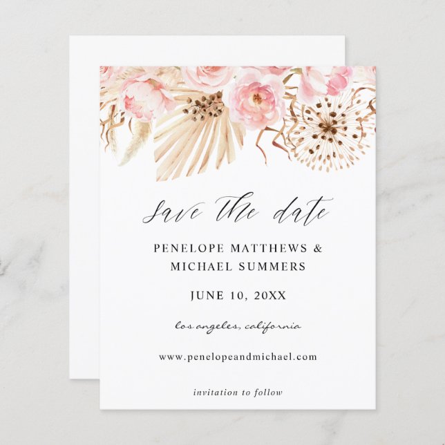 Budget Bohemian Pink Floral Save the Date (Front/Back)