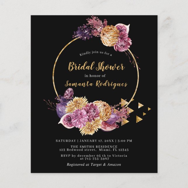 Budget Boho Autumn Black Bridal Shower Invitation (Front)
