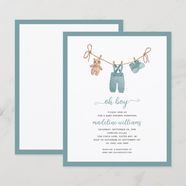 BUDGET BOHO Baby Clothes Oh Boy Baby Shower Invite (Front/Back)