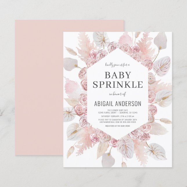 Budget Boho Baby Sprinkle Blush Pink Invitation (Front/Back)