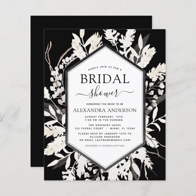 Budget Boho Beige Black Botanical Bridal Shower (Front/Back)