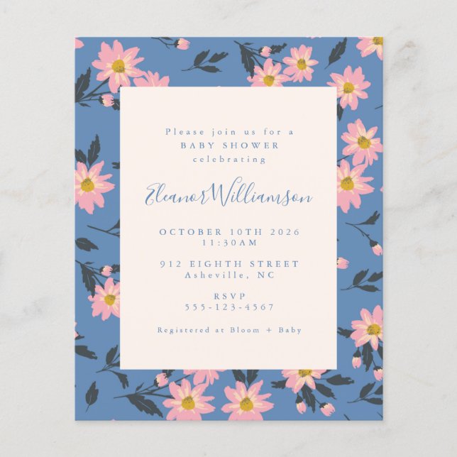 Budget Boho Blue Pink Floral Baby Shower (Front)