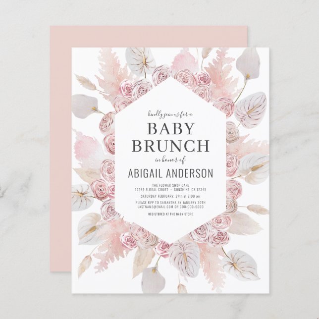 Budget Boho Blush Pink Baby Brunch Invitation (Front/Back)