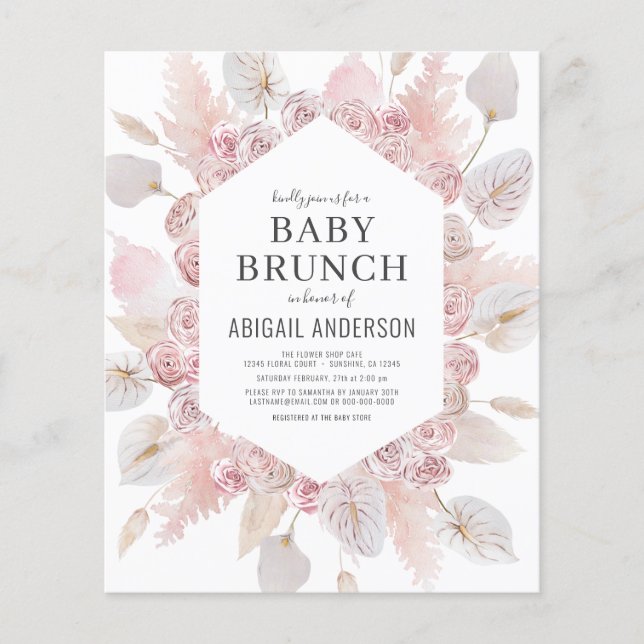 Budget Boho Blush Pink Baby Brunch Invitation Flyer (Front)