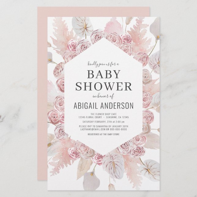 Budget Boho Blush Pink Baby Shower Invitation (Front/Back)