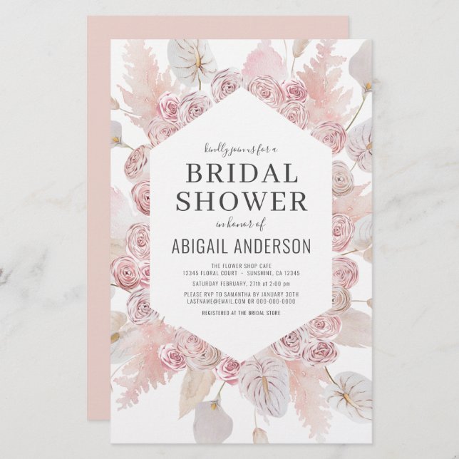 Budget Boho Blush Pink Bridal Shower Invitation (Front/Back)