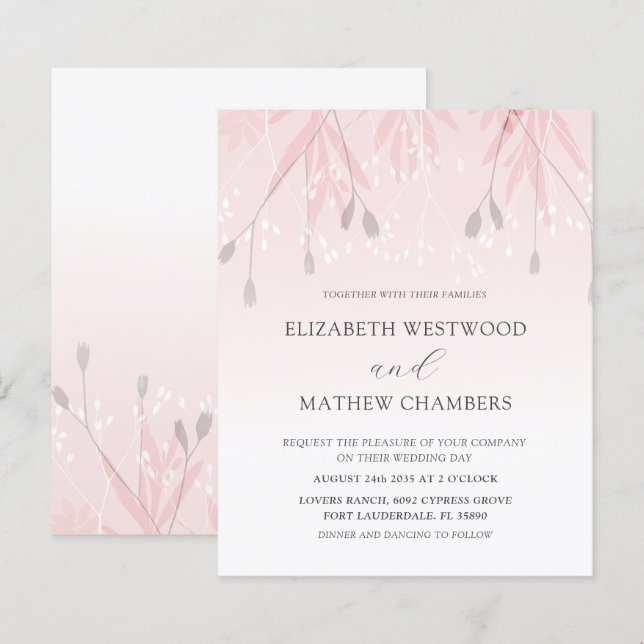 Budget Boho Blush Pink Foliage Wedding Invitation (Front/Back)