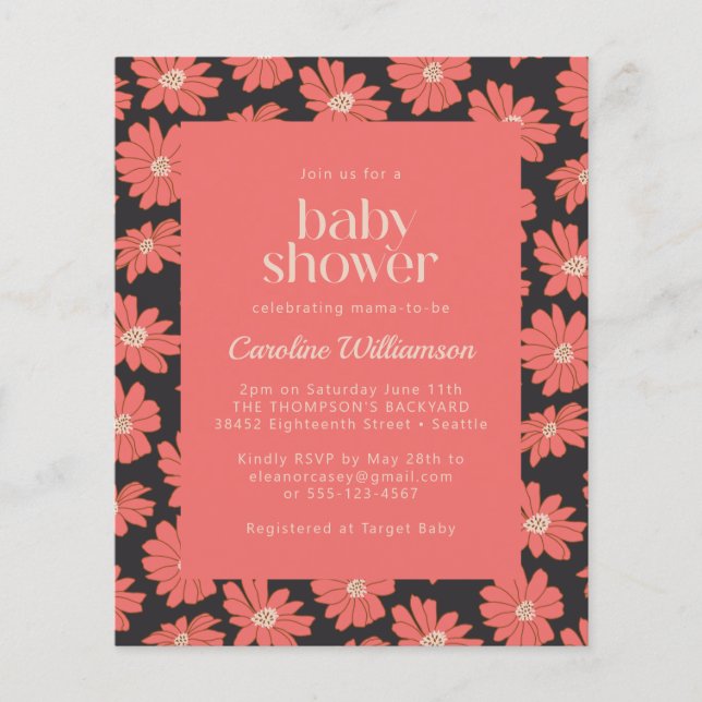 Budget Boho Botanical Flowers Navy Red Baby Shower (Front)