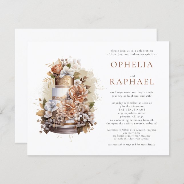 Budget Boho Cake Florals Bohemian Wedding Invite (Front/Back)