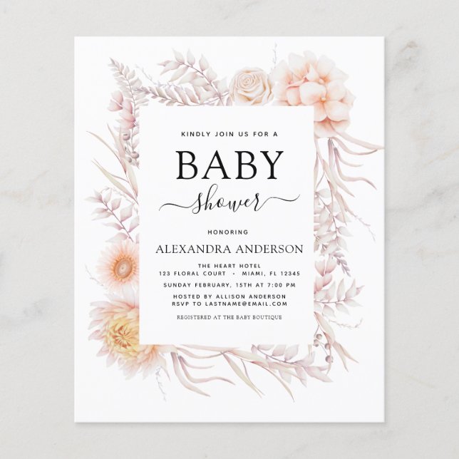 Budget Boho Chic Dusty Pink Desert Baby Shower Flyer (Front)