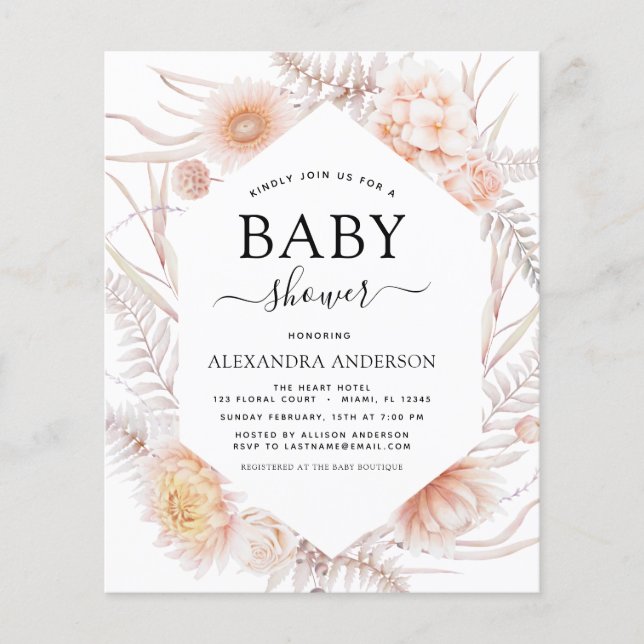 Budget Boho Chic Dusty Pink Desert Baby Shower Flyer (Front)