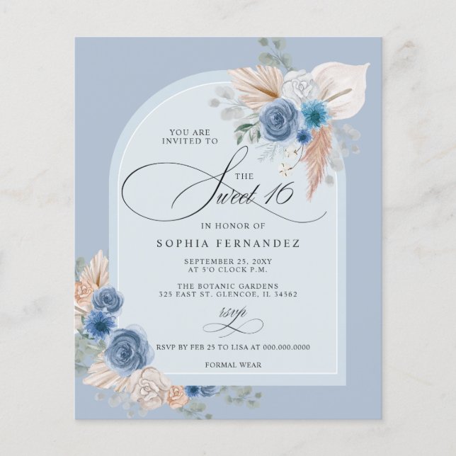 Budget Boho Dusty Blue Pampas Sweet 16 Invitation (Front)