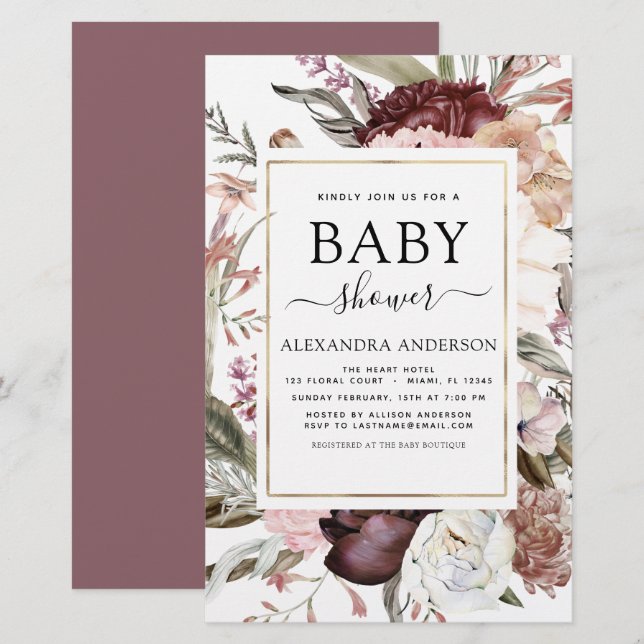 Budget Boho Dusty Pink Burgundy Baby Shower (Front/Back)