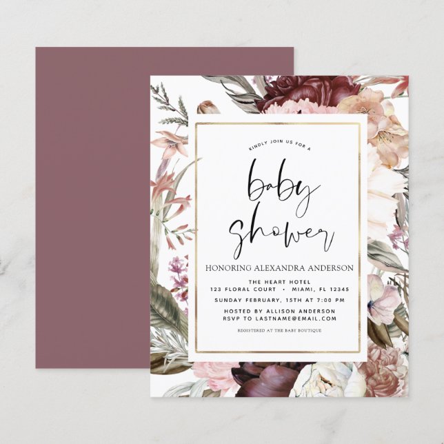 Budget Boho Dusty Pink Burgundy Baby Shower (Front/Back)