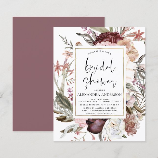 Budget Boho Dusty Pink Burgundy Bridal Shower (Front/Back)