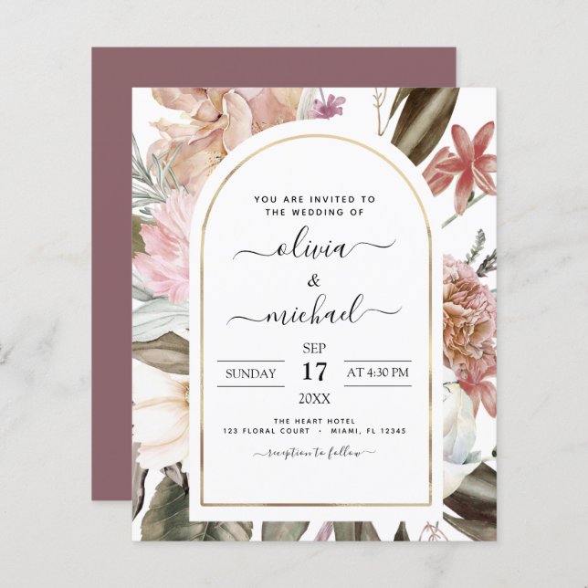 Budget Boho Dusty Pink Burgundy Wedding Invitation (Front/Back)