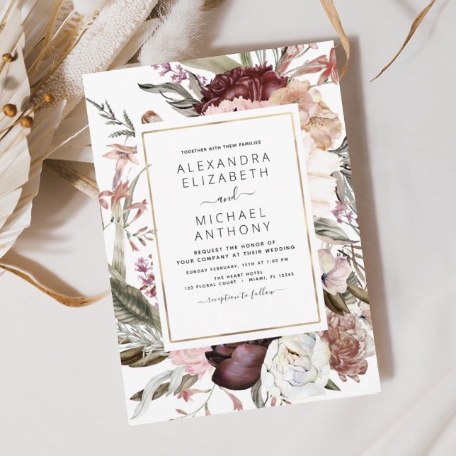 Budget Boho Dusty Pink Burgundy Wedding Invitation (Creator Uploaded)