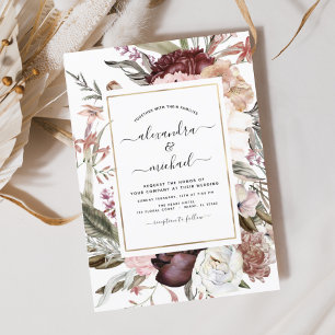 Budget Boho Dusty Pink Burgundy Wedding Invitation