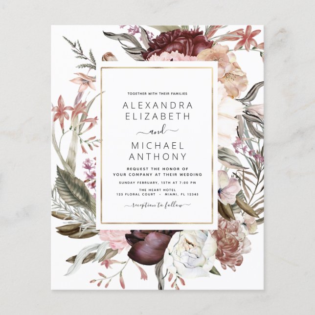 Budget Boho Dusty Pink Burgundy Wedding Invitation Flyer (Front)