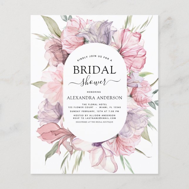 Budget Boho Dusty Pink Purple Bridal Shower Flyer (Front)