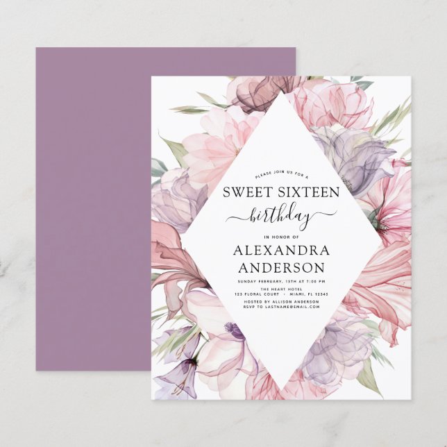 Budget Boho Dusty Purple Sweet 16 Birthday Floral (Front/Back)
