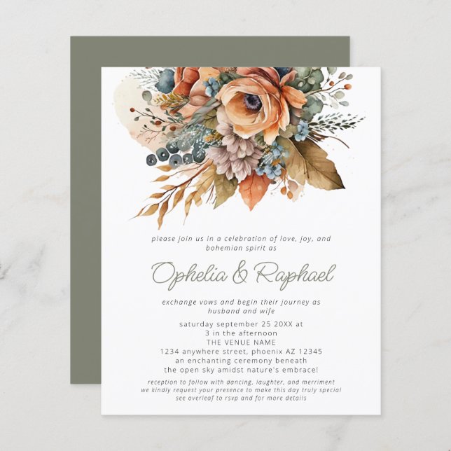 Budget Boho Fall Florals Sage Bohemian Wedding (Front/Back)