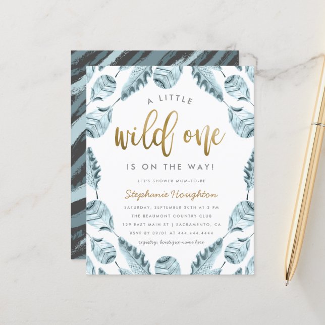 Budget Boho Feathers Gold Wild One Boy Baby Shower (Front/Back In Situ)