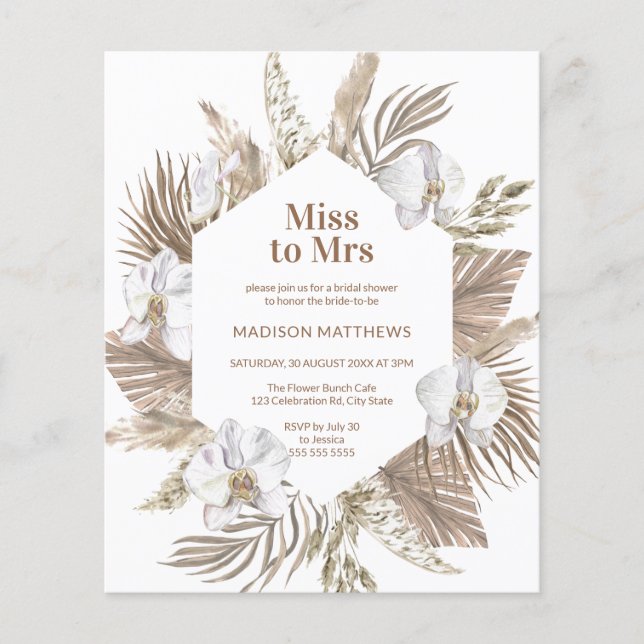 Budget Boho Floral Bridal Shower Pink Pampas  Flyer (Front)