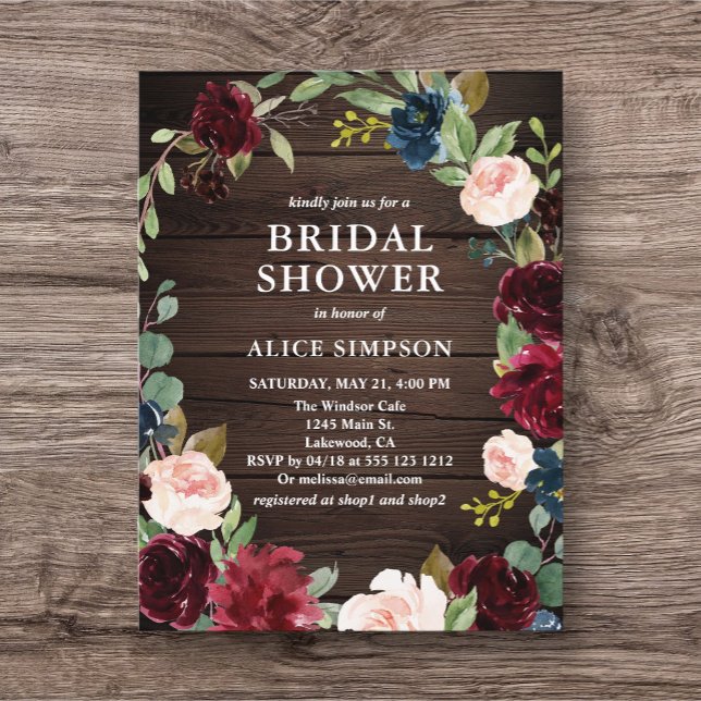 Budget Boho Floral Burgundy Navy Bridal Shower Inv Invitation Postcard (Creator Uploaded)