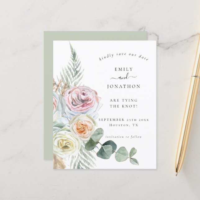 Budget Boho Floral Eucalyptus Wedding Save Date (Front/Back In Situ)