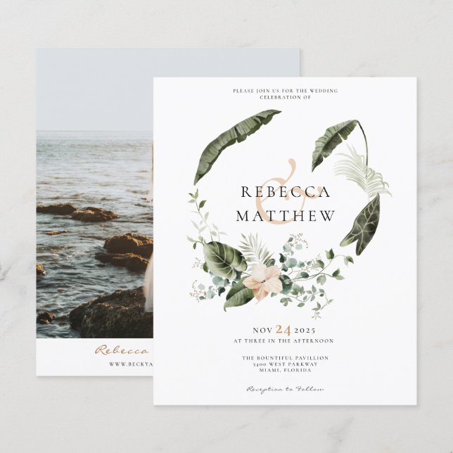 Budget Boho Floral Greenery Wedding Photo Invite  (Front/Back)