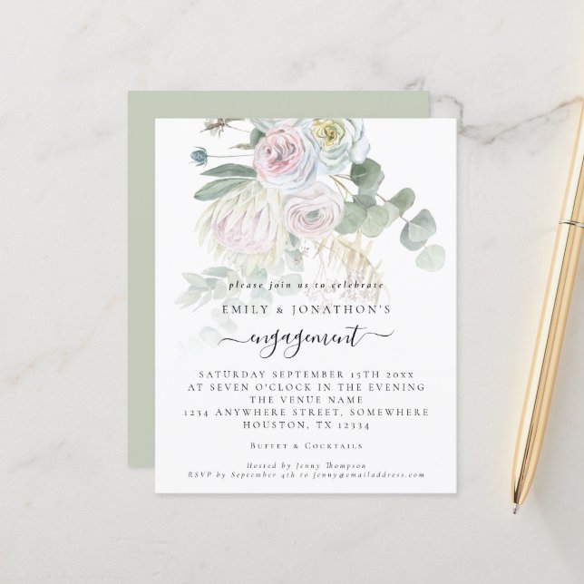 Budget Boho Florals Foliage Engagement Invitation (Front/Back In Situ)